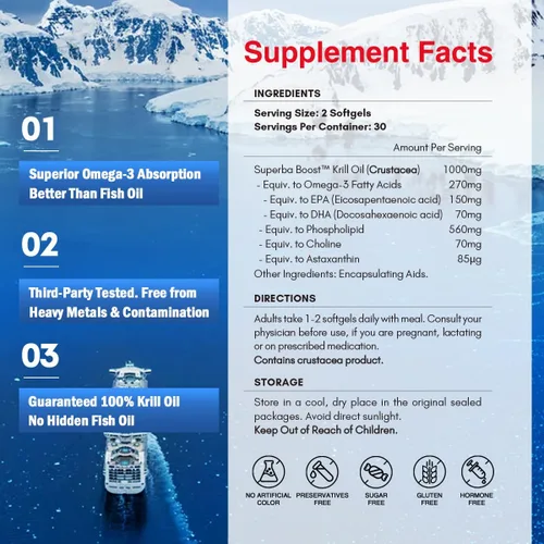 Vista 2 de NYO3 Aceite de krill 1000 mg Omega 3 Suplemento, 56% de fosfolípidos para 98% de absorción, aceite de krill antártico Superba Boost Krill, alto EPA