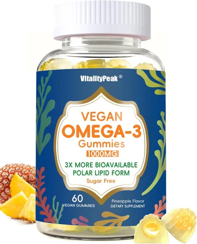 Gomitas veganas Omega 3 de 1000 mg, suplemento de algas Omega 3 para mujeres y hombres con vitamina D3, K2 y cúrcuma, alternativa al aceite de
