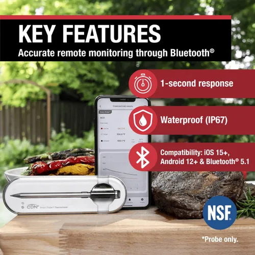 Vista 2 de CDN Termómetro inteligente Bluetooth para carne Termómetro digital inalámbrico con sonda certificada NSF Monitoreo remoto de temperatura a