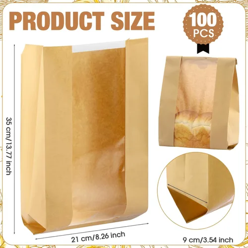 Vista 2 de Domensi 100 bolsas de pan de papel para alimentos caseros de 13.7 x 8.2 x 3.5 pulgadas, bolsa grande de papel para panadería con ventana, bolsas