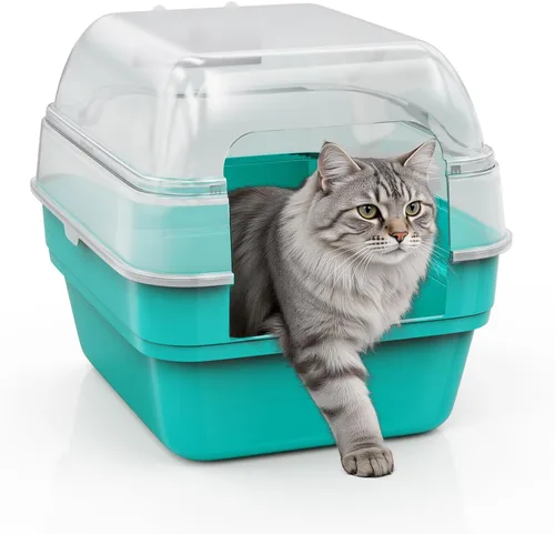 Vista 12 de Large Cat Litter Box with Transparent Lid, Foldable Hooded Litter Box with Front Door Flap for Privacy, Easy Clean Non-Sticky Litter Box with