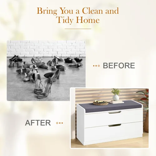 Vista 19 de MFSTUDIO Banco de almacenamiento de zapatos, banco de zapatos con armario de puerta de granero, 9 compartimentos abiertos, cojín de asiento