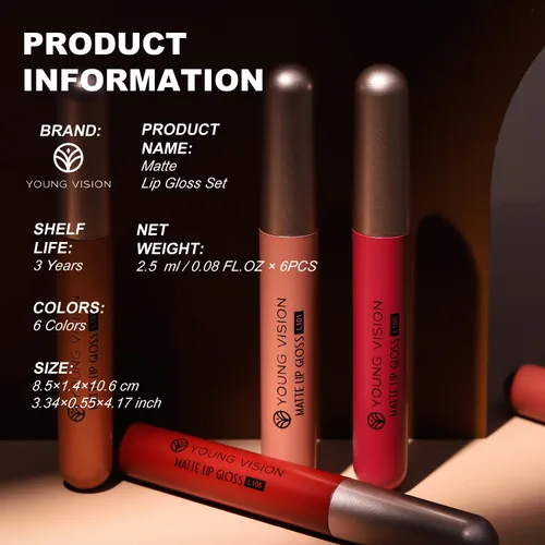 Vista 6 de YOUNG VISION Juego de 6 lápices labiales líquidos mate nude – Tonos pigmentados y de larga duración, colección de brillo de labios para niñas