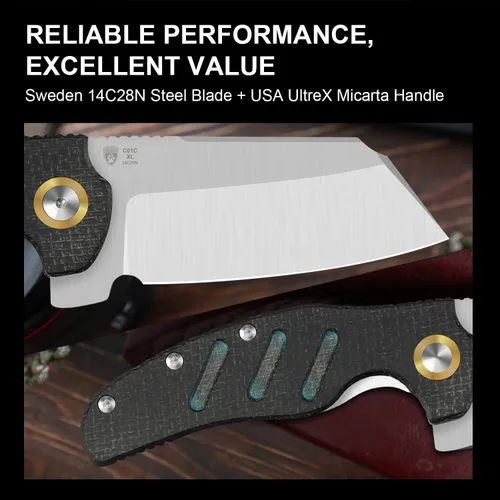 Vista 5 de Kizer C01C - Cuchillo de bolsillo para perro pastor XL, 3.9 pulgadas, 14C28N, cuchillo plegable EDC con mango de micarta de arpillera negra, bloqueo