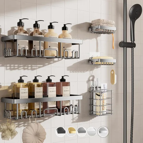 Vista 27 de Veken Paquete de 5 estantes de ducha resistentes al óxido e impermeables, estantes de ducha esquineros adhesivos sin perforaciones, estante