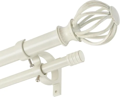 Barras de cortina dobles de color blanco antiguo para ventana de 36-72 pulgadas, barras de cortina dobles con jaula redonda y remates de barril,