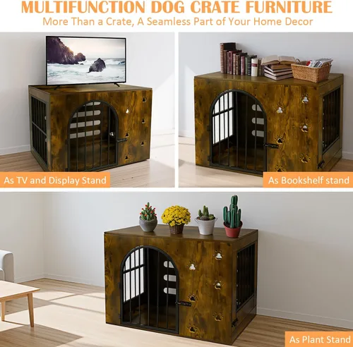 Vista 5 de Mueble de jaula para perros pequeños y medianos, perrera de metal de madera resistente para interiores con cuencos, jaula decorativa para mascotas