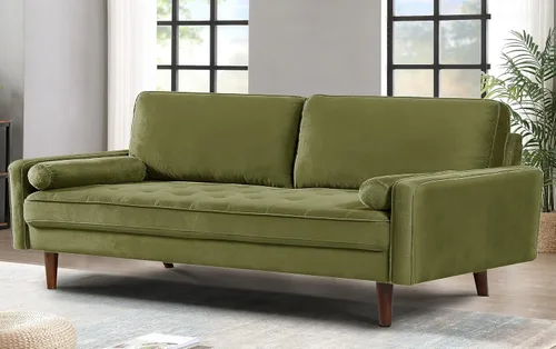 Vista 11 de Sofás capitoné de terciopelo para sala de estar, estilo clásico de mediados de siglo con silueta moderna, acolchado de botones y patas de madera