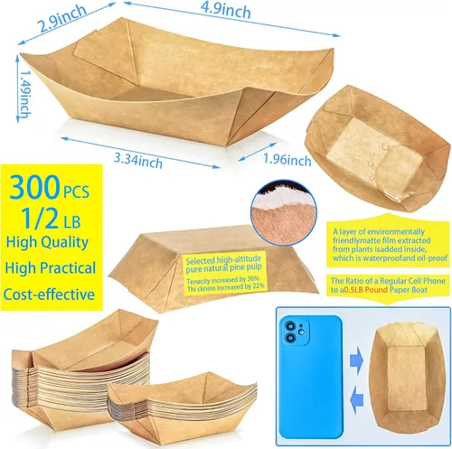 Vista 2 de Pack de 300 bandejas de papel desechables de 0.23 kg, tipo bote de comida, bandejas de papel pequeñas, recipientes, bandeja de papel kraft mini