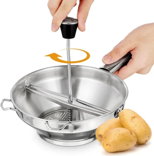 Vista 2 de Gatuida Molino giratorio de acero inoxidable para salsa de tomate, cortador manual de papas, prensatelas de mano para puré de papas, comida