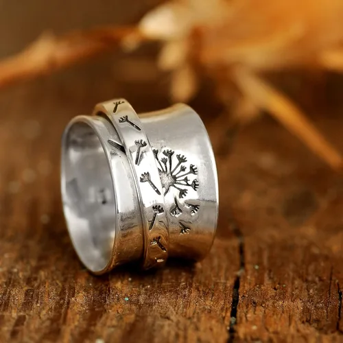 Vista 9 de Boho-Magic Anillo giratorio de plata de ley 925 para mujer, diseño de flor de diente de león para aliviar la ansiedad, banda ancha, Metal,