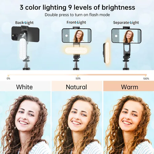 Vista 2 de Trípode estable para selfie stick con luz de relleno, palo selfie extensible de 44 pulgadas con control remoto inalámbrico y soporte de trípode