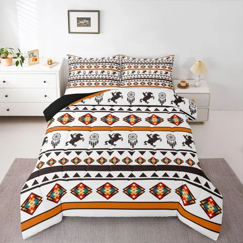 Vista 14 de Juego de edredón de caballo vaquero occidental, juego de ropa de cama bohemio atrapasueños tamaño individual, juego de ropa de cama azteca tribal