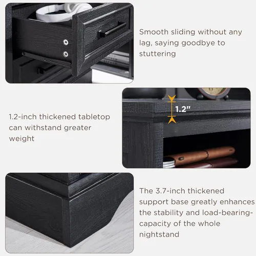 Vista 4 de ACCOHOHO mesita de noche de 18" estilo granja con estación de carga, mesa auxiliar con 2 cajones de almacenamiento, mesa de cabecera, mueble de Negro