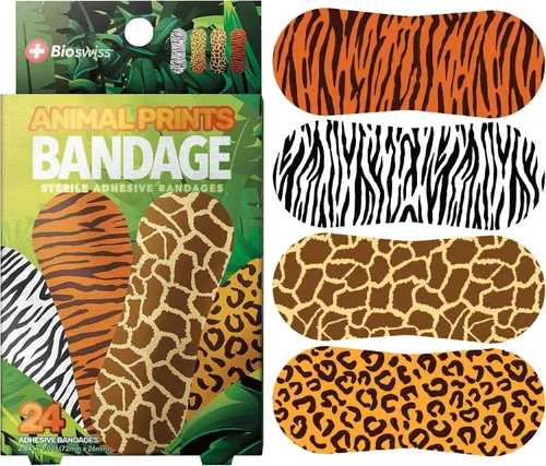 BioSwiss - Venditas autoadhesivas con estampados de animales, leopardo, cebra, jirafa y tigre, estériles y sin látex para el cuidado de heridas, con