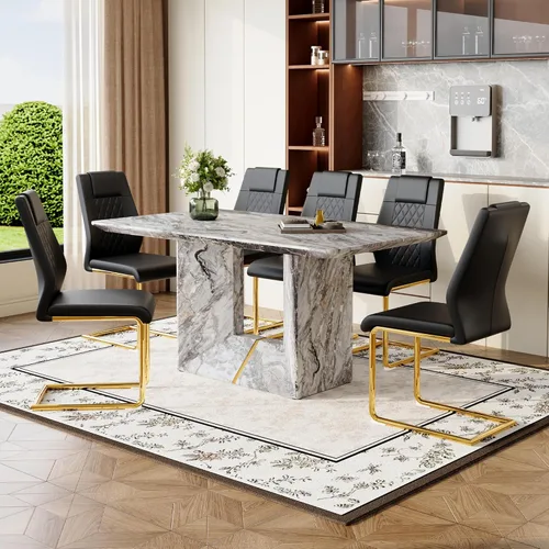 Vista 10 de Mesa de comedor negra de 160 cm para 4-6 personas ｜ Ideal para cocina y comedor ｜ Mesa de comedor moderna ｜ Chapa de grano de madera ｜ Base