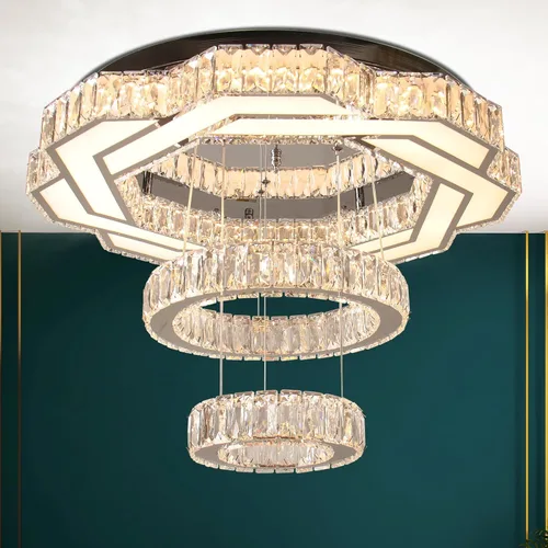 Vista 12 de 40 cm Moderna lámpara de araña de cristal con 2 anillos, lámpara de techo redonda de montaje empotrado con flores LED, lámparas de araña regulables
