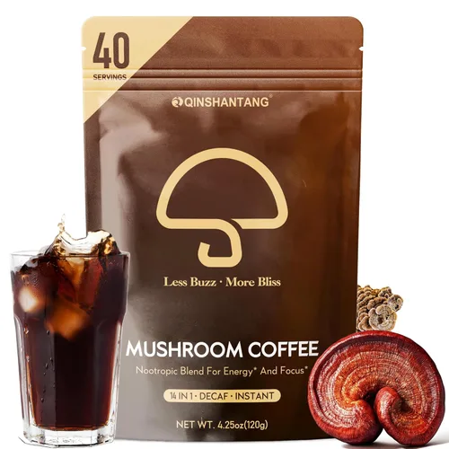 Café instantáneo de hongos sin cafeína, suplemento de 14 hongos, 40 porciones | Mane de León, Reishi, Chaga, Cordyceps, Shiitake | Energía, enfoque,