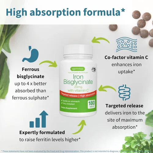 Vista 3 de Igennus - Bisglicinato de hierro limpio de 20 mg, vitamina C, suministro para 6 meses, fórmula quelada suave de alta absorción y bisglicinato