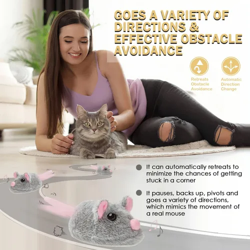 Vista 4 de Cat Toys - Ratón móvil recargable chirriante con cola mágica dinámica, mouse de juego automático interactivo para gatos de interior, juguetes Gris
