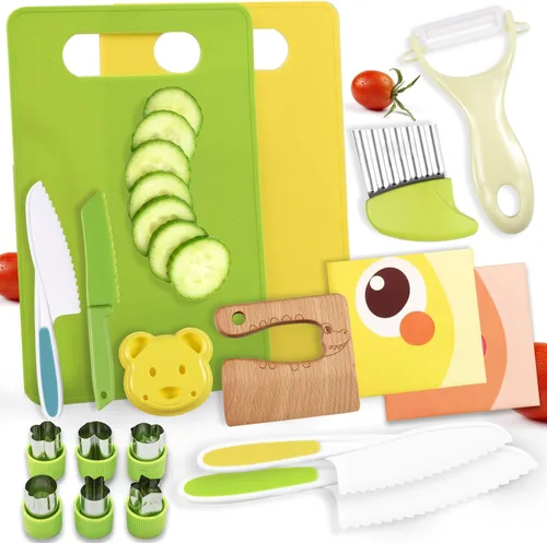 18 Pieces Montessori Kitchen Tools Cookware Baking Toy for Toddlers Kids, Toddler Safe Knife Set for Real Cooking, w/ Cutting Boards, Crinkle