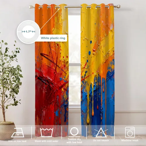 Vista 624 de Shrahala Beige and Orange Abstract Art Brushstrokes Tier Curtains for Kitchen Windows, Abstract Oil Paint Cafe Curtain Multilayer Polyester Blackout