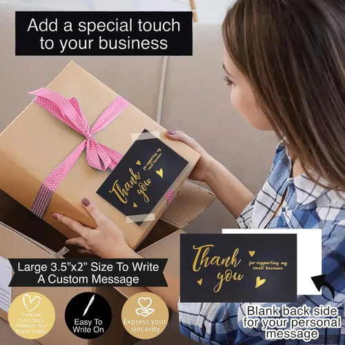 Vista 5 de Juego de 620 piezas de tarjetas de negocio y calcomanías de agradecimiento – lámina dorada, 100 tarjetas, 500 calcomanías, 20 bolsas resellables