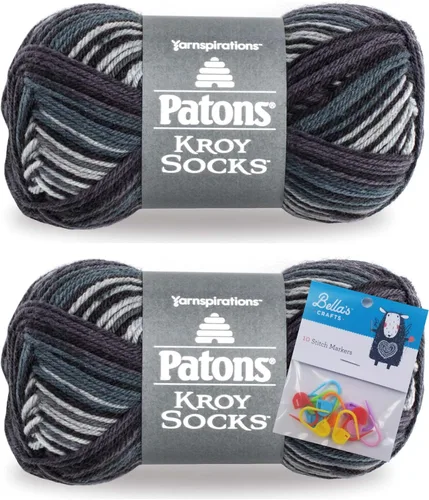 Vista 6 de Patons Kroy Ovillo de lana para calcetines Paquete de 2 con marcadores de punto de Bella's Crafts (Azul Marrón Marl)