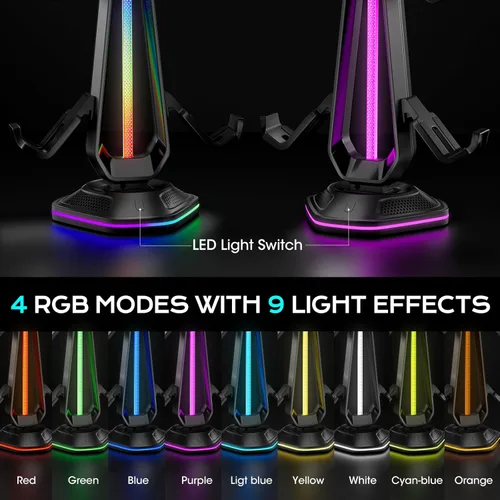 Vista 5 de Saitake Soporte para controlador RGB con 9 modos de luz, soporte de controlador con 2 puertos USB, soporte para auriculares de escritorio adecuado