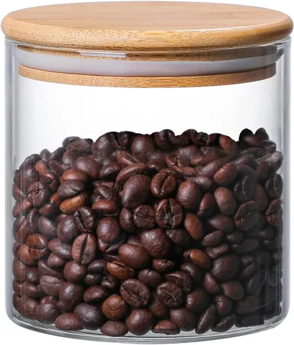 MOLFUJ Contenedor de almacenamiento de vidrio de 18.6 fl oz / 18 onzas líquidas con tapa de madera, organizador decorativo transparente apilable