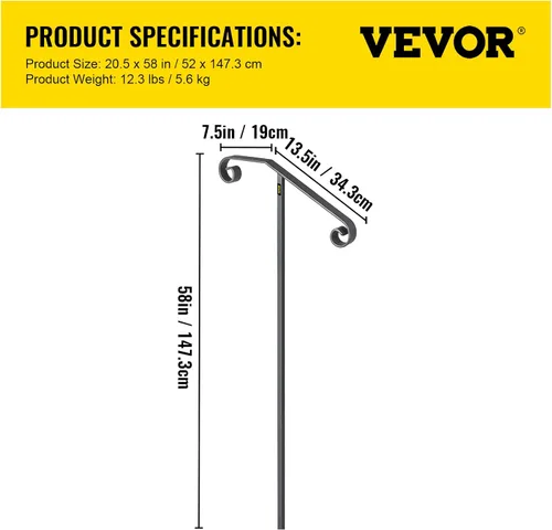Vista 7 de VEVOR Pasamanos de un solo poste de hierro forjado, soportes de agarre en el suelo, poste largo para riel de agarre de 1 o 2 escalones, barandilla
