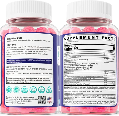 Vista 9 de NEVISS Gomitas de nicotinamida de 500 mg, suplemento de niacinamida con péptidos de colágeno, (niacina sin rubor) vitamina B3 niacinamida