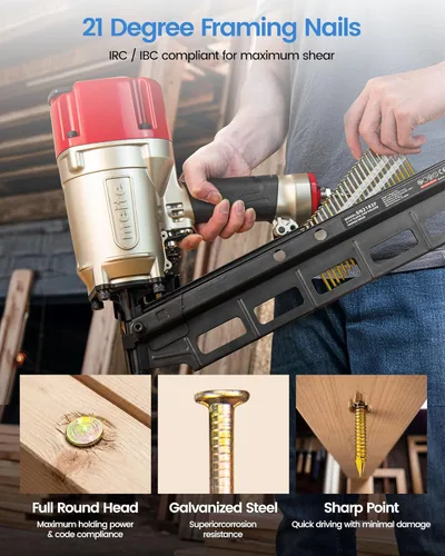 Vista 3 de meite Clavos de encuadre de 2 pulgadas, vástago de anillo de 21 grados, cabeza redonda galvanizada (1,000 unidades) para pistolas de clavos