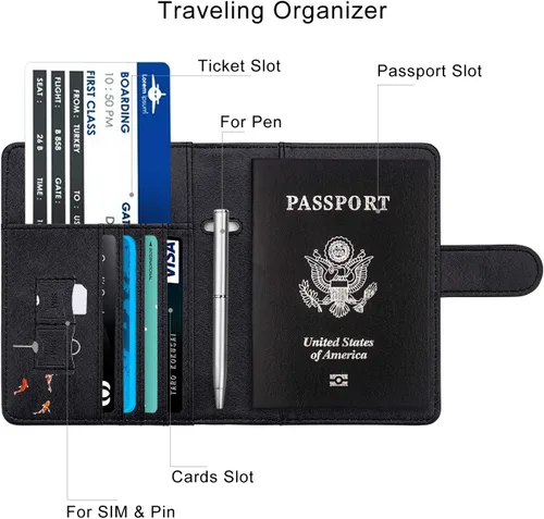 Vista 5 de WALNEW - Soporte para pasaporte para viajes, cartera con funda RFID para pasaporte para mujeres y hombres, estuche de PU de piel sintética