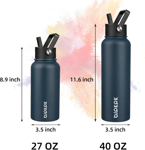 Vista 4 de BJPKPK - Botellas de agua aisladas con tapa de popote, botella de agua de acero inoxidable de 27 onzas con 3 tapas, termo de metal libre de BPA a