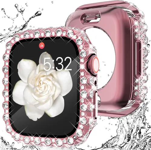 Vista 16 de Wingle 2 en 1 Funda impermeable para Apple Watch 40mm Protector de pantalla SE 3/2/1 Series 6 5 4, Bling Lace Edge Diamond Cara Cubierta Completa