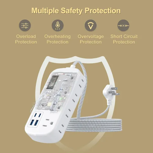Vista 5 de Overtop Regleta protectora contra sobretensiones 12 en 1, 8 tomacorrientes, 4 USB (2 puertos USB C), extensor de salida de pared compacto, enchufe
