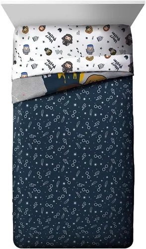 Vista 3 de Juego de edredón y funda de almohada de Harry Potter Charms, tamaño individual, ropa de cama reversible súper suave para niños con Harry, Ron