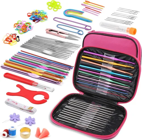 Vista 21 de IMZAY - Juego de 110 piezas de ganchos de ganchillo, juego de agujas de crochet con estuche de almacenamiento, agujas para tejer ergonómicas y romo