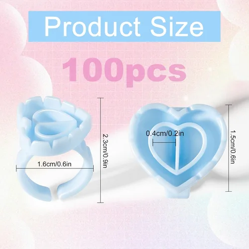 Vista 2 de INFILILA - Anillos de pegamento para extensiones de pestañas, 100 unidades, anillos desechables para pestañas en forma de corazón encantador