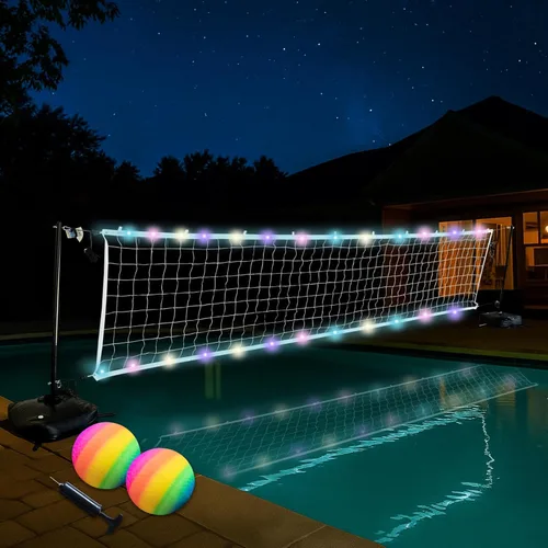 Juego de red de voleibol de piscina con luces LED, red de voleibol con bases pesadas y longitud ajustable de 15 a 42 pies para piscinas enterradas,