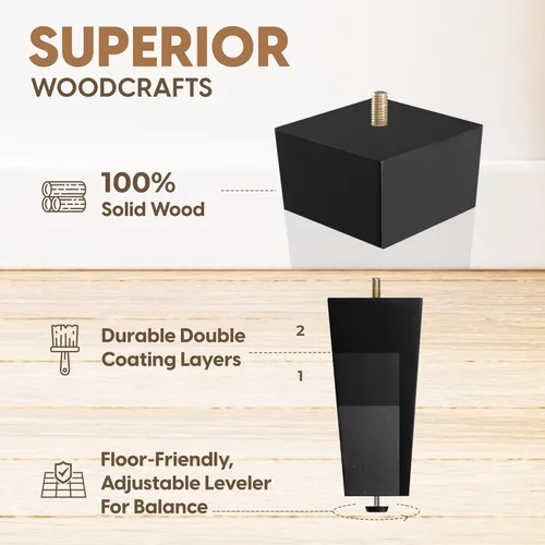 Vista 5 de Yes4All Juego de 4 Patas de Muebles de Madera Redondas de 4 Pulgadas - Pies de Repuesto de Madera para Sofá, Cama, Banco - Patas Cónicas Ajustables