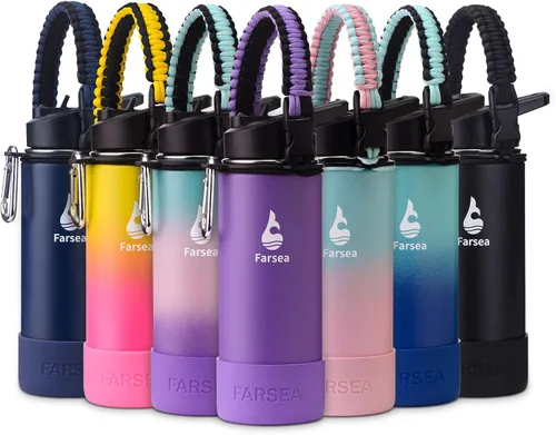Vista 61 de Botella de agua Farsea aislada con asa de paracord, protector y 2 tapas (tapa de pajita y tapa de boquilla), de acero inoxidable, boca ancha, doble