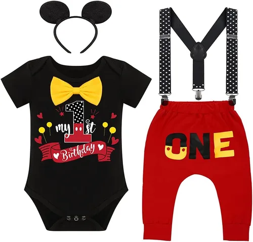 IMEKIS Conjunto de Ratón para Niños Pequeños 2º Cumpleaños Mameluco con Corbatín Pantalones Largos Diadema Otoño Invierno Ropa para Sesión de Fotos