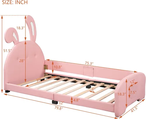 Vista 18 de Elegante cama de princesa tapizada de tamaño individual con cabecera corona, plataforma de piel sintética con soporte resistente de listones