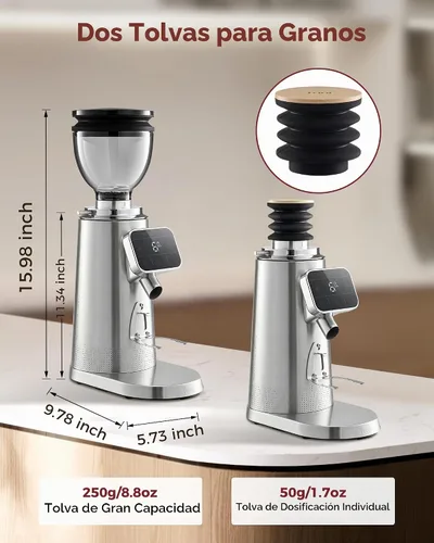Vista 8 de Tuni E2 Gen3 Espresso Machine with G3 64mm Flat Burr Coffee Grinder, Silver