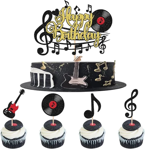 Vista 11 de 24 piezas de notas musicales para cupcakes con purpurina para guitarra, rock, cupcakes, decoración de tartas de discos de vinilo para decoración