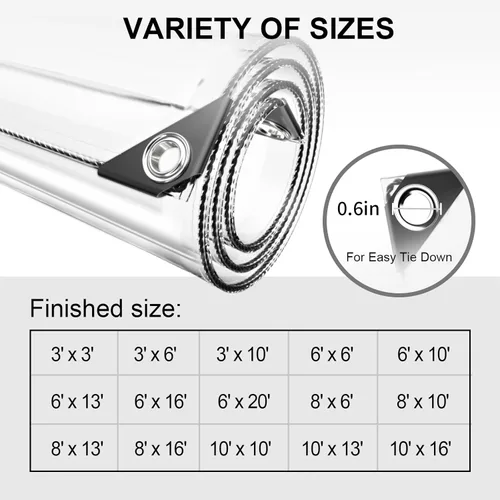 Vista 6 de Lona impermeable transparente de 10 x 13 pies, lona de PVC de 11.8 mil con ojales y brida para cables, cubierta de servicio pesado resistente a