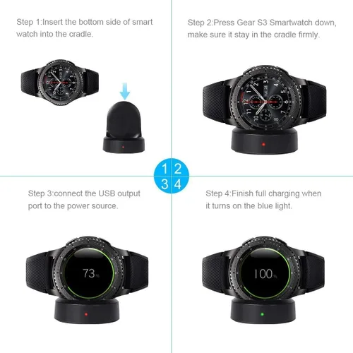 Vista 6 de Cargador de reloj Samsung Gear S3, S4 S2 inalámbrico Qi carga base base para reloj inteligente clásico/frontera