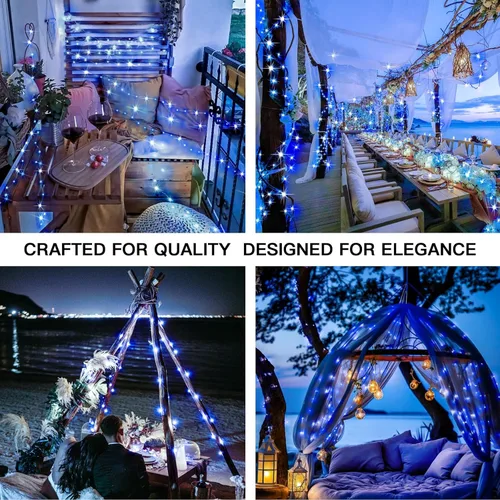 Vista 3 de suddus Paquete de 2 tiras de luces solares pequeñas de 33 pies, 100 luces LED solares azules para exteriores, 8 modos, luces solares de Navidad